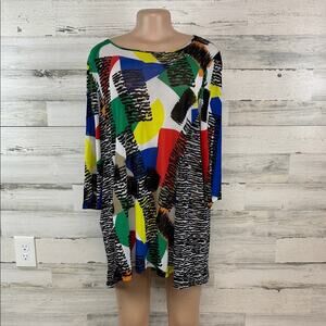 Ali Miles Tunic Top XL Multi Color Retro Geometric Loud Art To Wear Semi Sheer